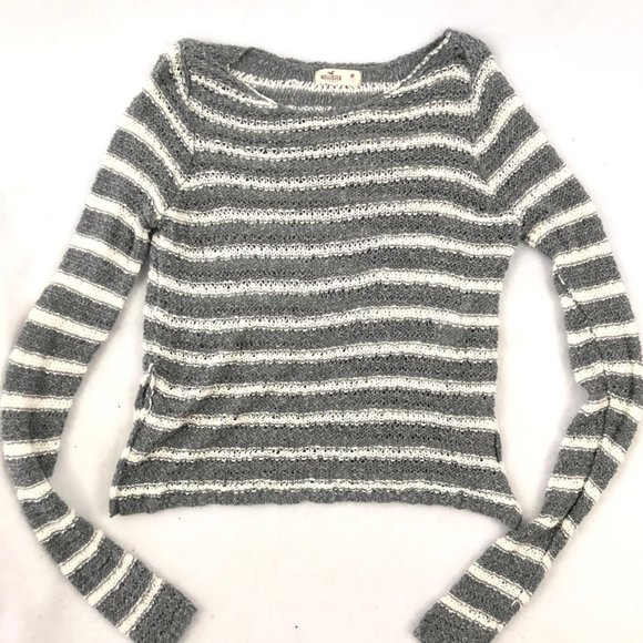 Hollister Striped Crew Neck Sweater - Gray and White - Picture 13 of 13